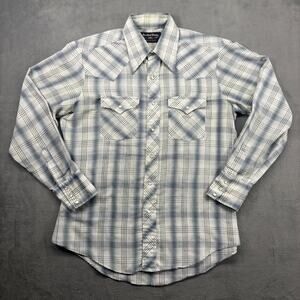 Vintage Border Town Pearl Snap Shirt Men's XL Plaid Form Fit Athletic Distressed